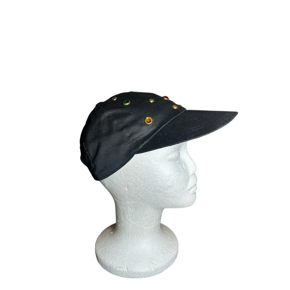 Vtg Black Studded Gemstone Unisex Hat 90s Streetwear cap- Black Gold Accents- OS - Picture 2 of 11
